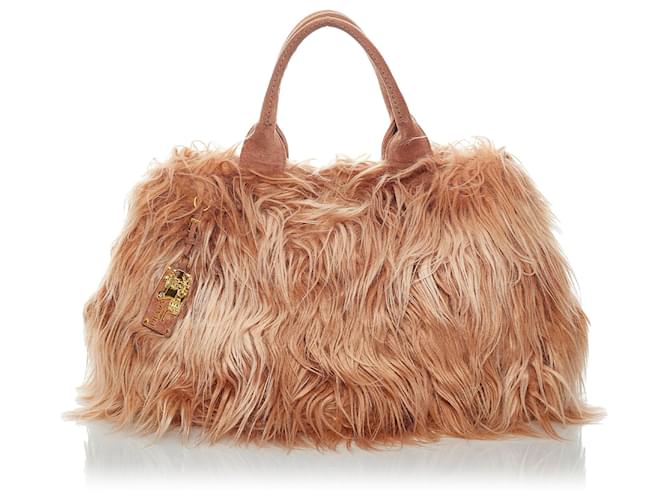 Prada Brown Eco Kidassia Faux Fur Garden Handbag Beige Leather Pony-style calfskin Cloth  ref.508897