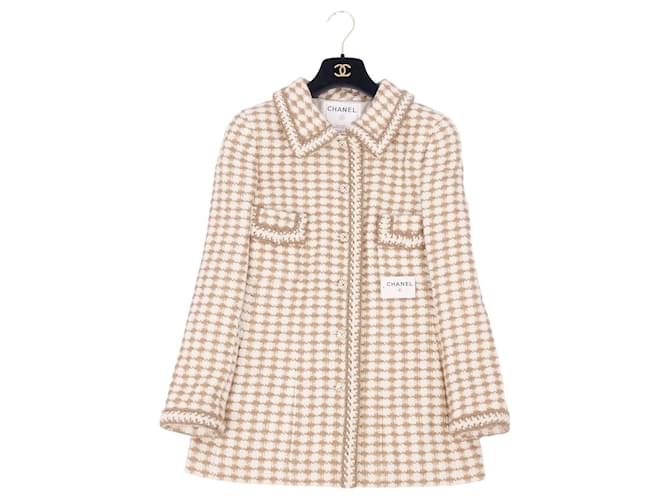 Used] Vintage Chanel Jacket Coco Mark Tweed Knit Piping Wool Houndstooth  Beige / White Size 36 (S equivalent) ref.508917 - Joli Closet