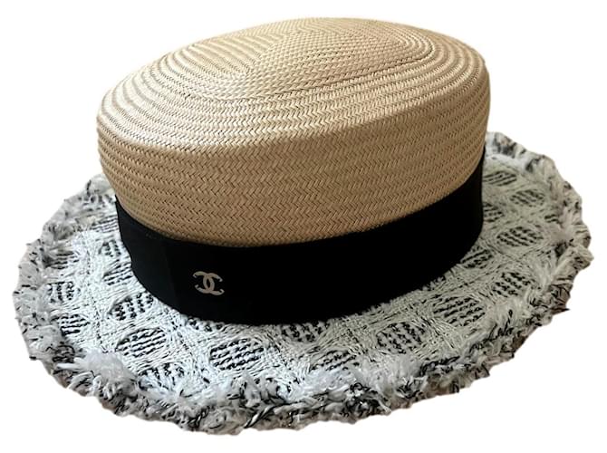 Chanel Hats Black White Beige Straw Tweed ref.509166 - Joli Closet
