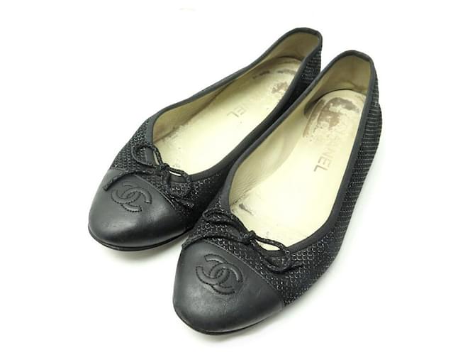 CHANEL LOGO CC G BALLERINAS SHOES02819 37 IN TWEED & BLACK LEATHER SHOES  ref.509472