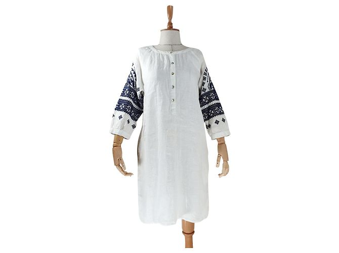 Autre Marque Vestido Claire de lino bordado blanco Azul