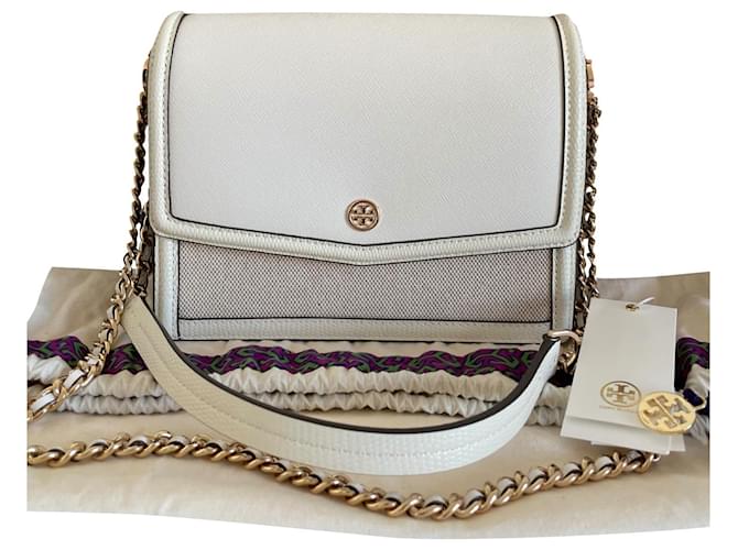 Tory Burch Robinson Canvas Floral Interior Convertible Shoulder Bag Brown  White Beige Yellow Suede Leather Cloth ref.510423 - Joli Closet