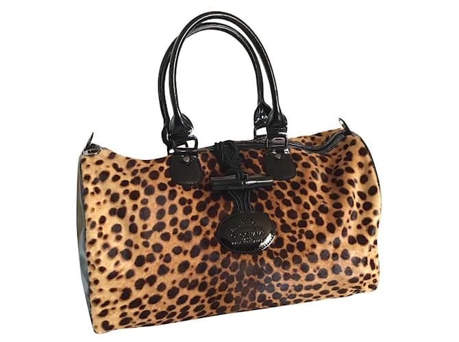 Kate Moss Longchamp Handbags Black Beige Patent leather Fur  ref.510425