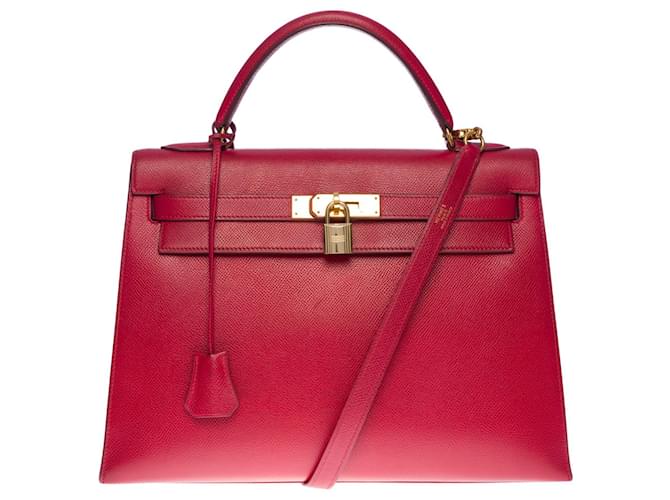 Hermès Splendid Hermes Kelly handbag 32 saddler shoulder strap in bright red Courchevel leather, gold plated metal trim  ref.510426