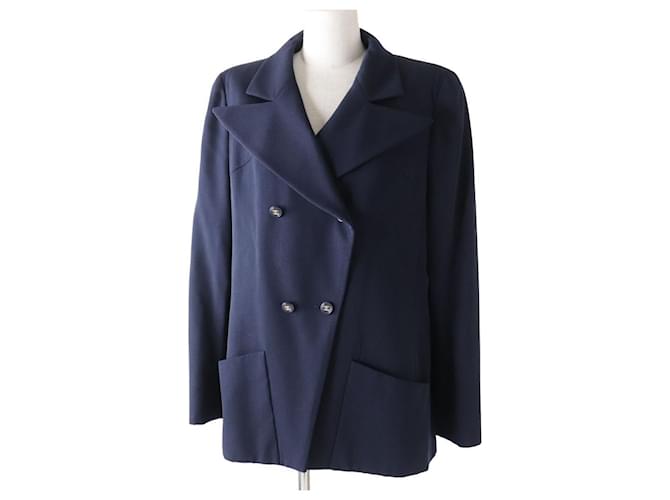 *[Usado] Chanel Vintage Ladies Coco Mark Button 100% Jaqueta de lã 100% Costas de seda azul marinho 44  ref.510589