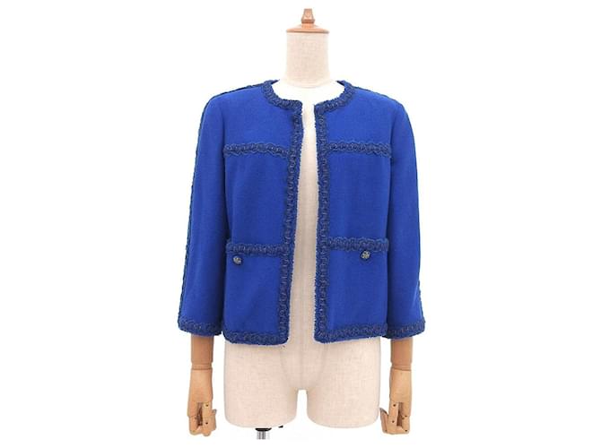 * [Usado] Chanel Monte Carlo Button Camellia Coco Mark Chain Trim Chaqueta sin cuello 36 Azul Lana  ref.510591