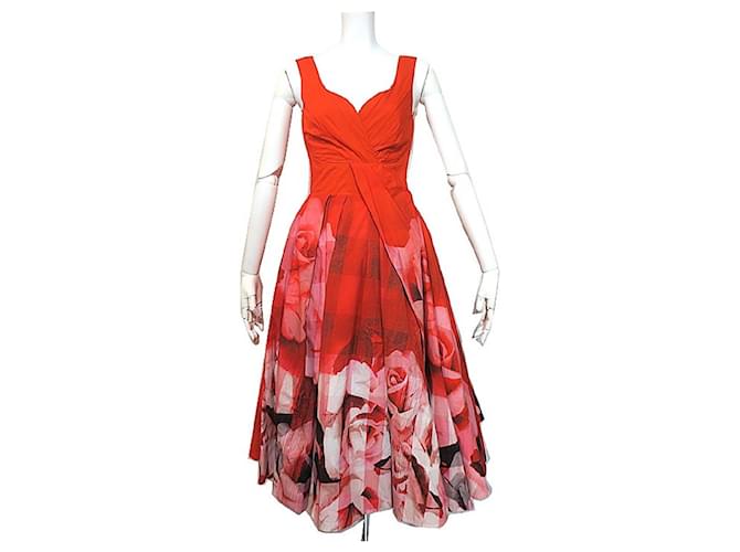 *[Usado] ALEXANDER MCQUEEN 2021Vestido de popelina vermelha SS Runway Collection com padrão rosa Vermelho Algodão  ref.510797