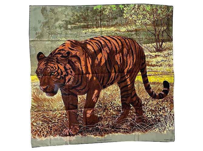 Sciarpa di seta Hermès Bengal Upperr marrone e gialla Multicolore 