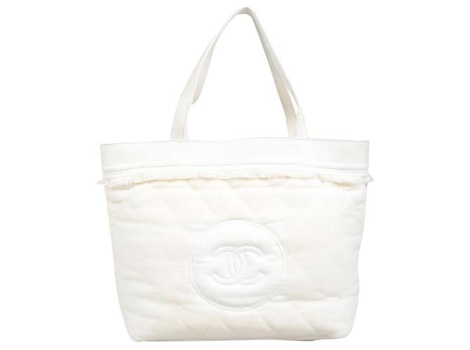 Chanel Bolsa de playa de tela de felpa con la manta Blanco Algodón  ref.512030