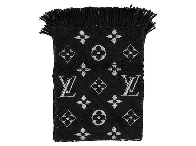 Bufanda larga Louis Vuitton de lana negra con monograma plateado Negro  ref.512135