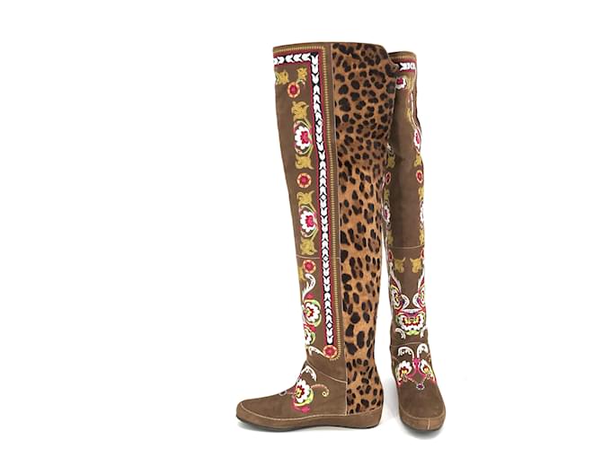 Etro Mokassin-Overknee-Stiefel aus kamelfarbenem Wildleder mit Leoparden-Kalbshaar und Stickerei Braun Schweden  ref.512150