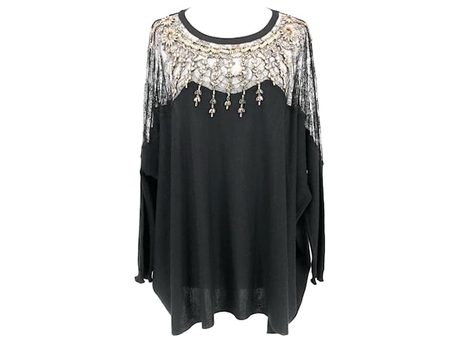 Valentino top in black knit with net shoulders embellished with crystals Wool  ref.512171