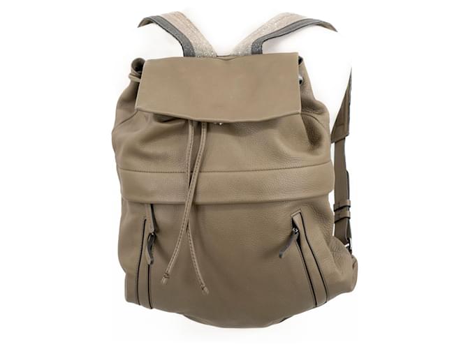 Brunello Cucinelli backpack in green leather with silver Precious beaded straps  ref.512181