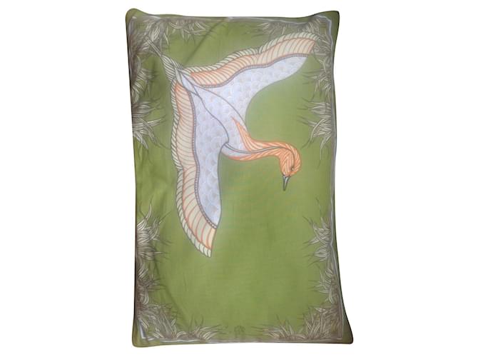Hermès Silk Cushion Green Bird Motif 