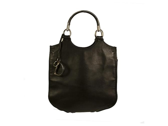 Bolsa shopper alta Christian Dior de couro preto com alças de armação silvertone  ref.512561