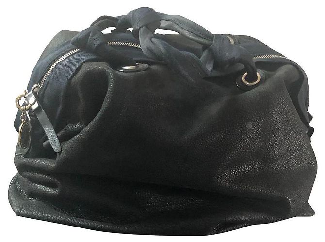 Bolsa de mão Lanvin em couro preto com alças de seda azul