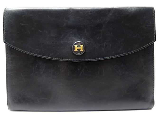 Hermès VINTAGE HERMES RIO HANDLE POUCH IN BLACK BOX LEATHER BLACK CLUTCH BAG  ref.513829