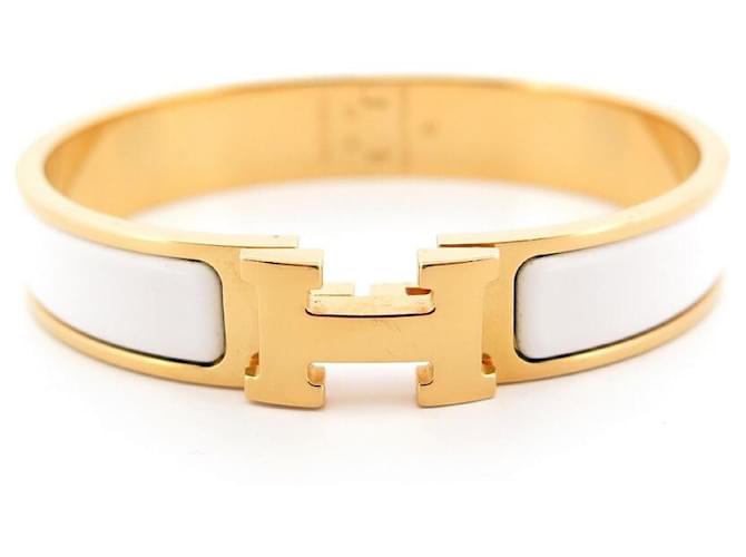 Hermès PULSEIRA HERMES CLIC H H700001F01 T17 EM ESMALTE BRANCO E Banhado A OURO + CAIXA Dourado  ref.513844