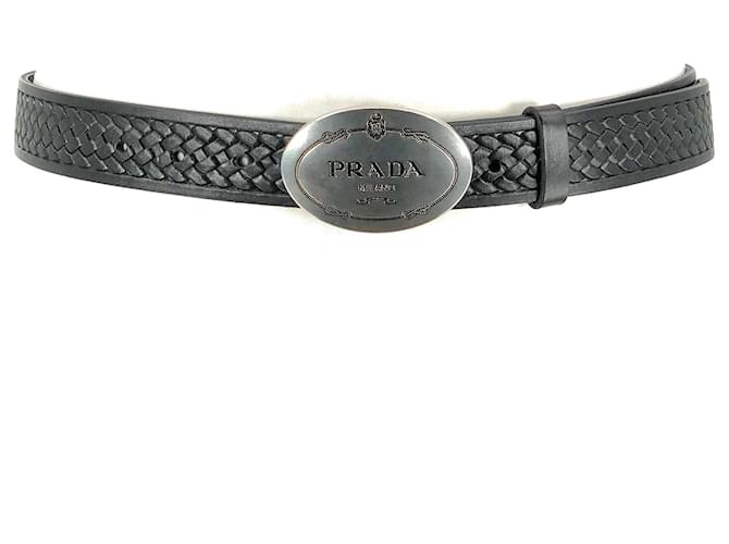 Cinturón Prada en piel trenzada negra con logotipo de hebilla plateada  Negro Cuero  - Joli Closet