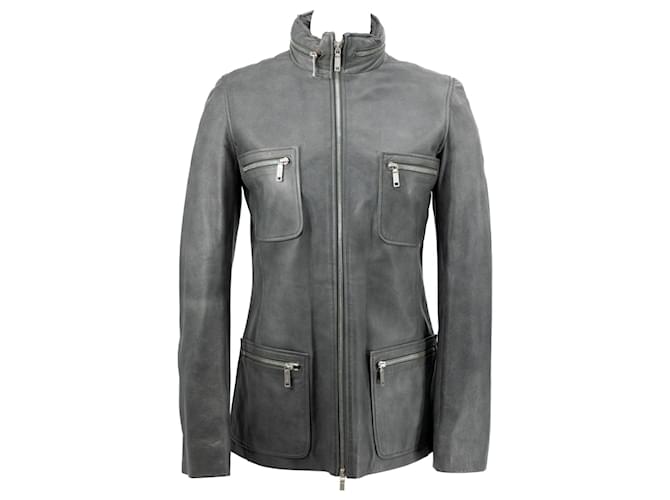 Blouson Céline en cuir gris avec poches zippées et capuche cachée  ref.513877