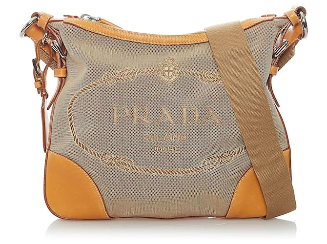 Prada Brown Canapa Canvas Crossbody Bag Beige Leather Cloth Pony-style  calfskin Cloth  - Joli Closet