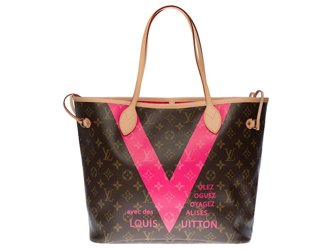 Excelente bolsa Louis Vuitton Neverfull MM em lona monograma edição limitada V Fuchsia "Saint-Tropez" Marrom  ref.514309