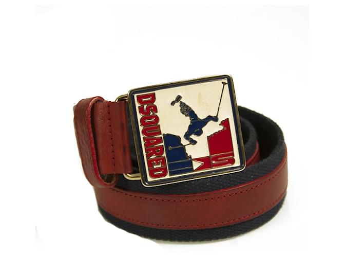 Dsquared2 Woman's Red Leather Blue Canvas Skier Enameled Buckle Belt Multiple colors  ref.514798