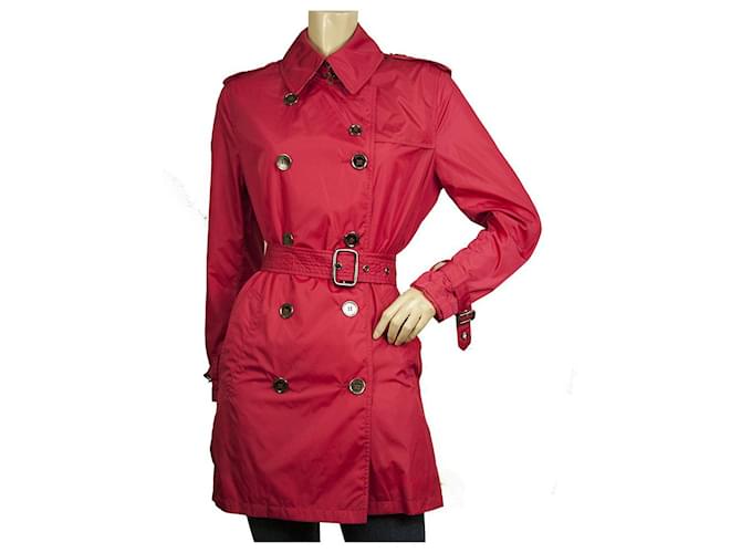 Burberry Fuchsia Polyamide Raincoat Mac, Red Short Belted Trench Coat