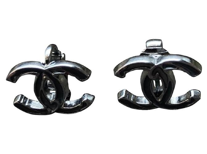 Chanel CC earrings with art deco clips Black Silver hardware Metal