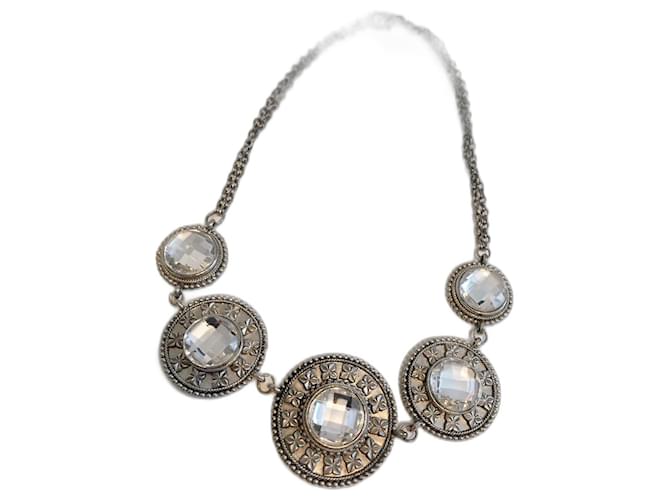 Vintage Art déco necklace with large transparent rhinestones Silvery Metal  ref.515283