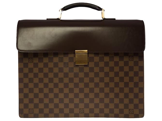Erhabene Louis Vuitton Altona Aktentasche aus Ebony Damier Canvas und braunem Leder, garniture en métal doré Leinwand  ref.515328