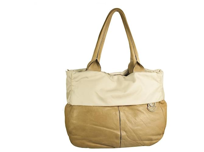 Moncler Agnes "a porter" tan leather & cream nylon fabric fold over tote shopper bag Beige  ref.515659
