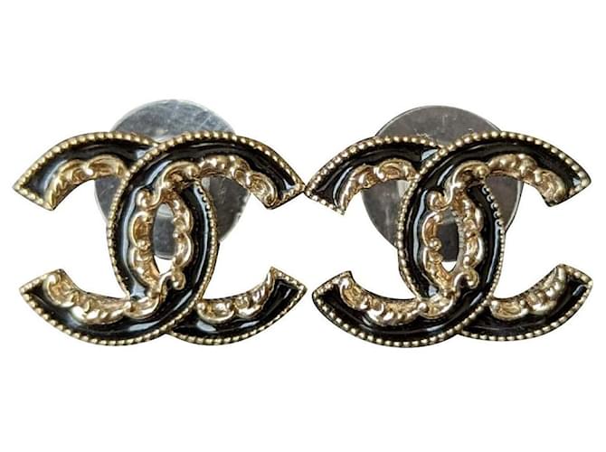 Chanel CC B15Boucles d'oreilles GHW en émail noir avec logo V Métal  ref.516023