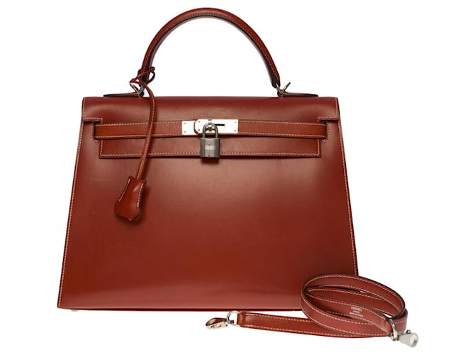 Hermès Exceptional & Rare Hermes Kelly bag 32cm saddle strap in brick red box leather , palladium silver metal trim  ref.516262