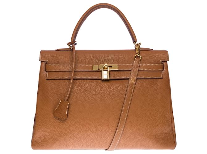 Hermès Stunning Hermes Kelly handbag 35 turned over shoulder strap in Camel leather (Gold) , gold plated metal trim Golden  ref.516405