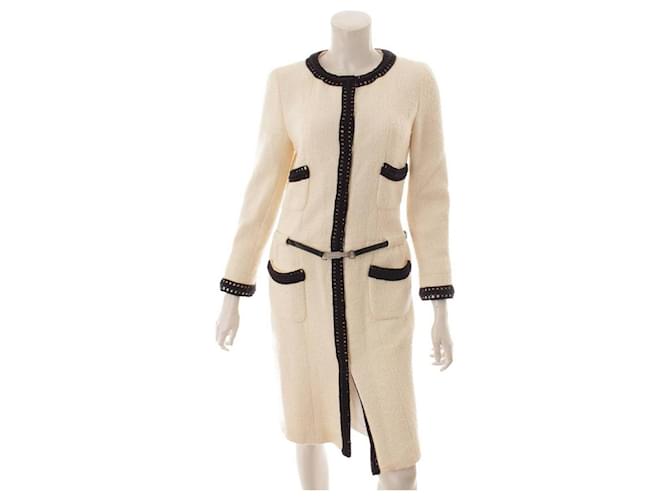 *[Usado] Chanel Tweed com cinto Casaco longo Branco x Preto 36 Lã  ref.516790