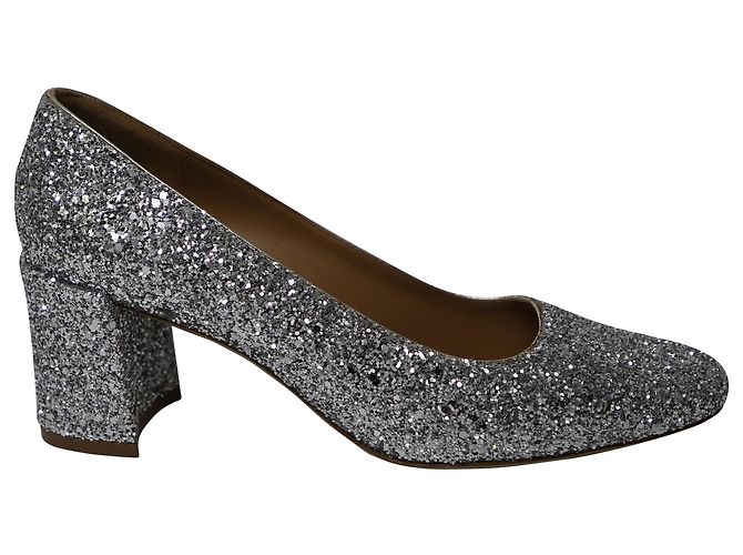 Mansur Gavriel Glittered Pumps in Silver Leather Silvery Metallic