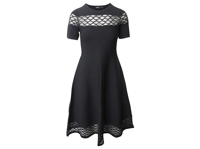 Vestido Maje con Diseño de Punto Translúcido en Viscosa Negra Negro