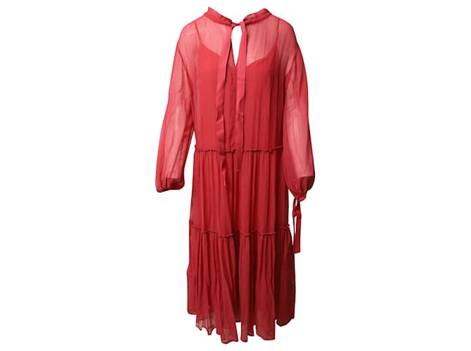 See by Chloé See by Chloe Tiered Gathered Midi Dress in Red Cotton Silk-Blend Crepon  ref.516932