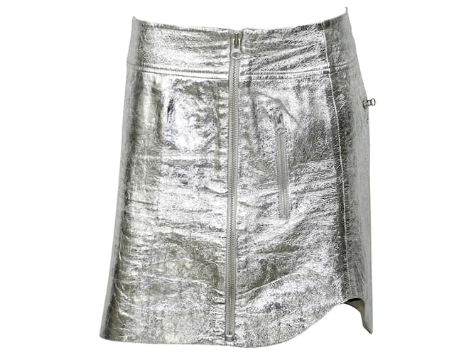 McQ Alexander McQueen Foil Zip Skirt in Lambskin Leather Silvery