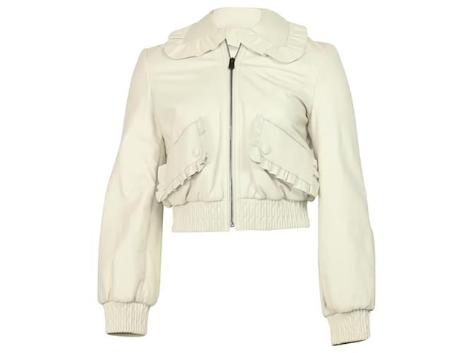 Fendi Ruffle Cropped Jacket in White Lambskin Leather  ref.516961