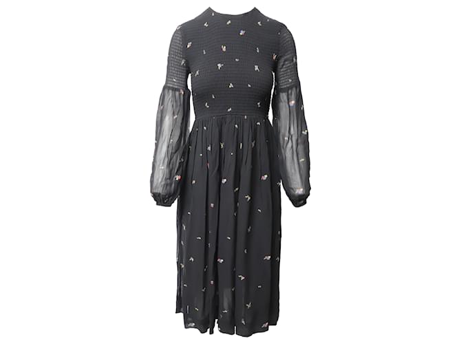 Ganni Smocked Floral-Print Georgette Midi Dress in Black Viscose Cellulose fibre  ref.516965