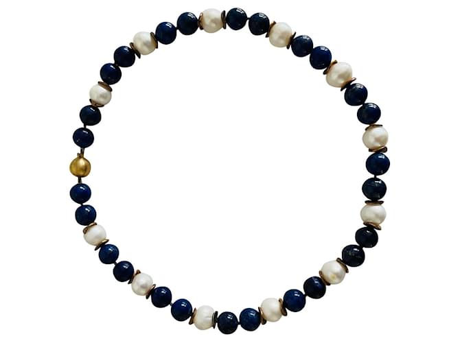 Autre Marque Colliers Or Perle Blanc Bleu Bijouterie dorée  ref.516993