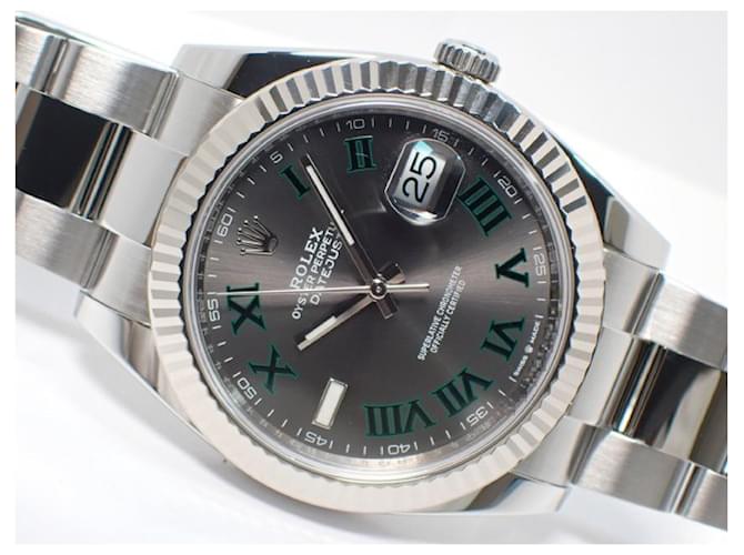 Rolex Datejust41 Oyster Armband grau/ grün Roman 126334 Herren Silber Stahl  ref.517440