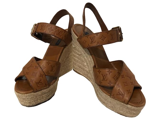 Leather Monogram Wedge Sandals, BROWN