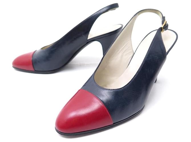 VINTAGE CHANEL SHOES PUMPS 39 6 TWO-TONE BLUE AND RED LEATHER