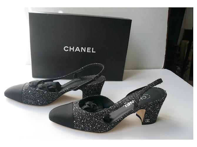 CHANEL Slingback Slingback pumps Tweed grosgrain sequined very good condition T40,5 IT Black  ref.518231