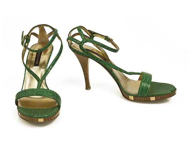 Sergio Rossi Green Leather Wooden Heel Sandals Ankle Strap Shoes 39.5 ...