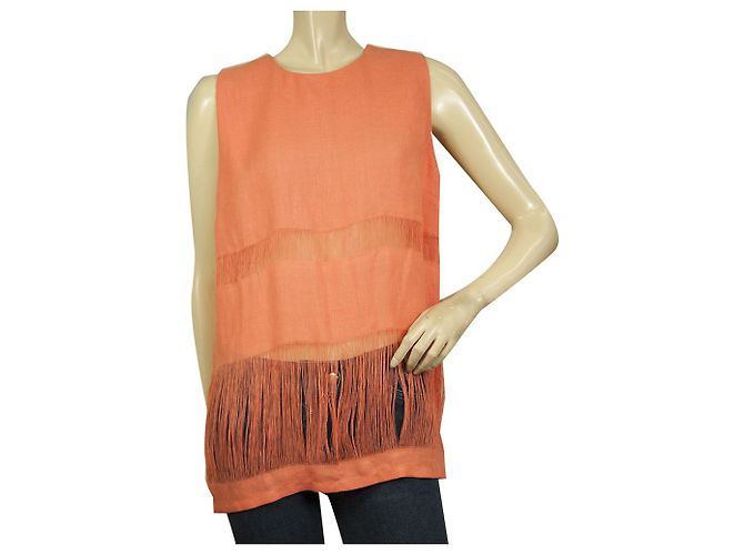 MSGM Naranja 100% Camiseta de tirantes larga sin mangas de lino talla blusa 44