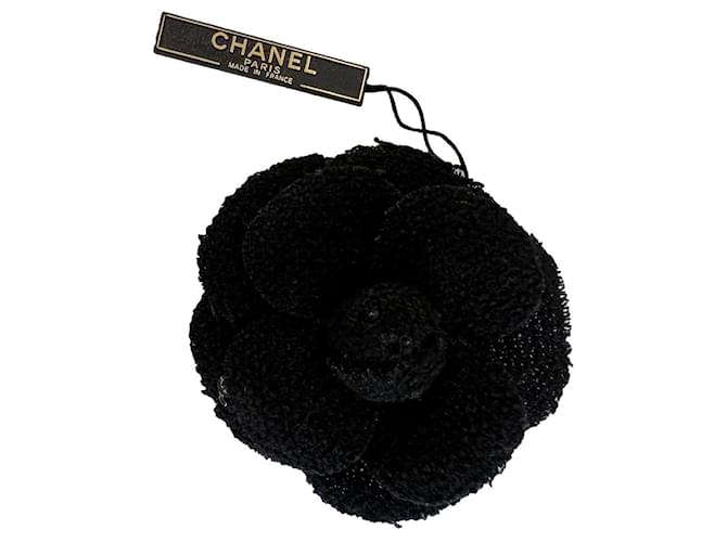 Chanel Broche camélia Tweed Noir  ref.518358